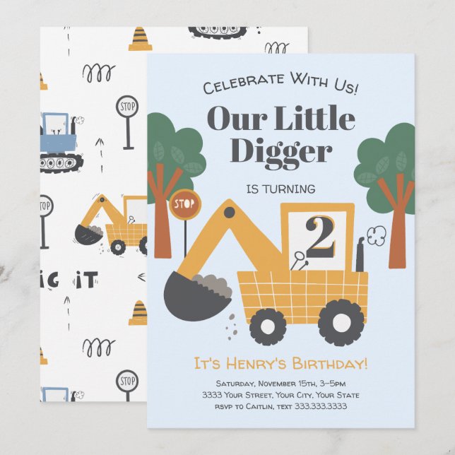 Two Year Old Construction Theme Birthday Party Invitation (Front/Back)