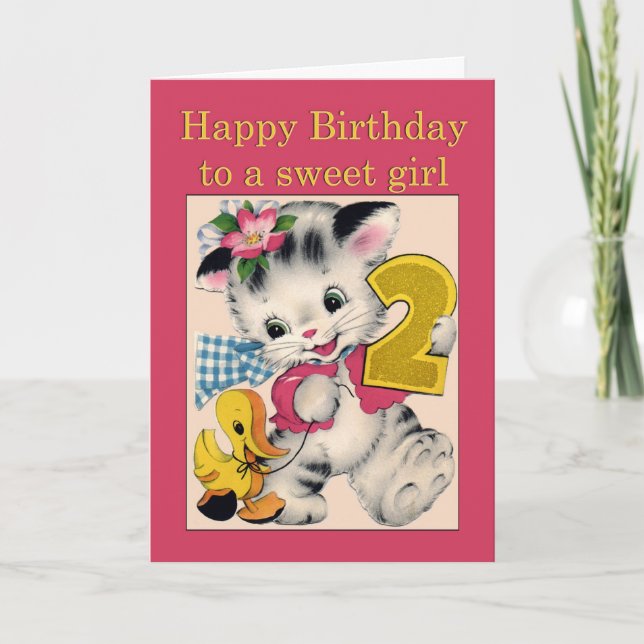Two year old girl Birthday Card cat and duck (Front)