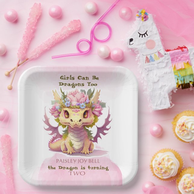 Two Year Old Girl Dragon Paper Plate (Party)