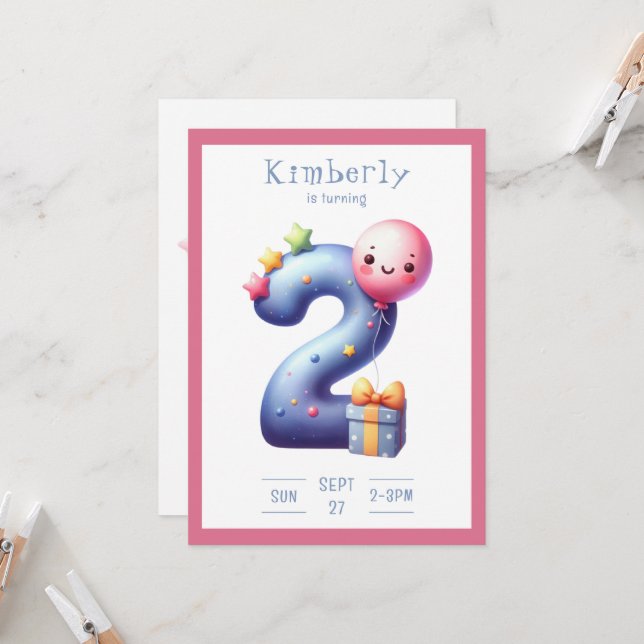 Two Years Old Simplistic Birthday Invitation (Devant/Arrière en situation)