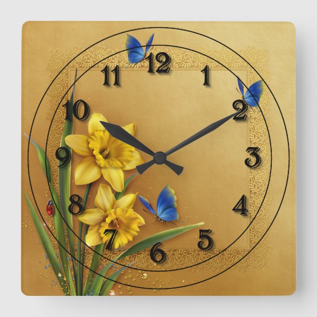 Two Yellow Daffodils Square Wall Clock (Front)