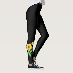 Two Yellow Flowers Design ~ Black Background ~ Leggings