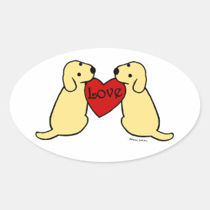 Two Yellow Labradors with Love Cartoon Oval Sticker
