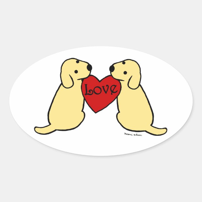 Two Yellow Labradors with Love Cartoon Oval Sticker (Front)
