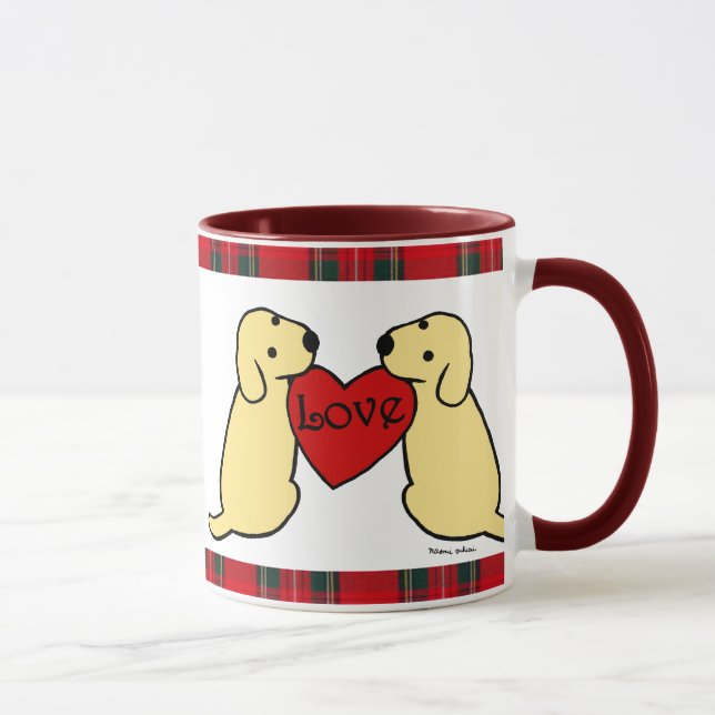 Two Yellow Labradors with Love Cartoon Tartan Mug (Right)