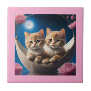 Two Young Kittens In A Basket With Pink Roses Tile