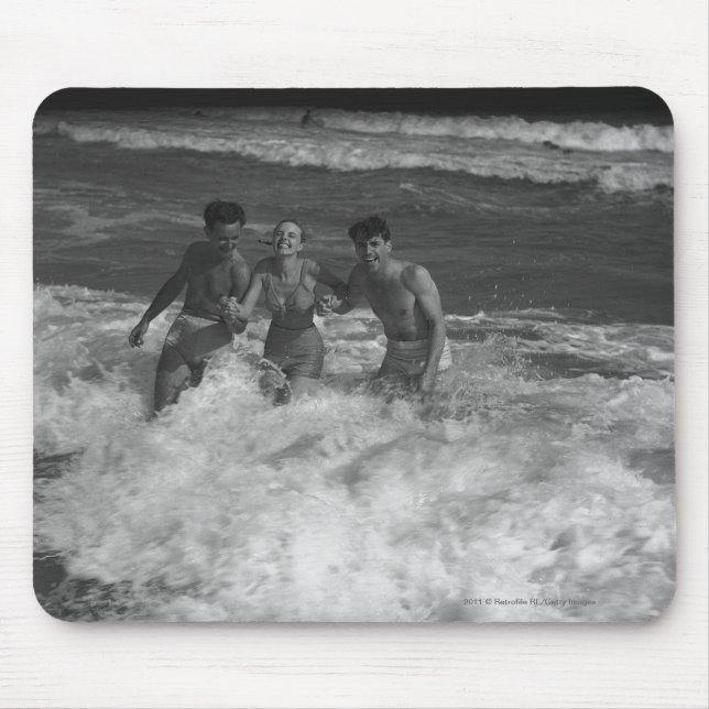 Two young men and woman playing in wave B&W Mouse Pad (Front)