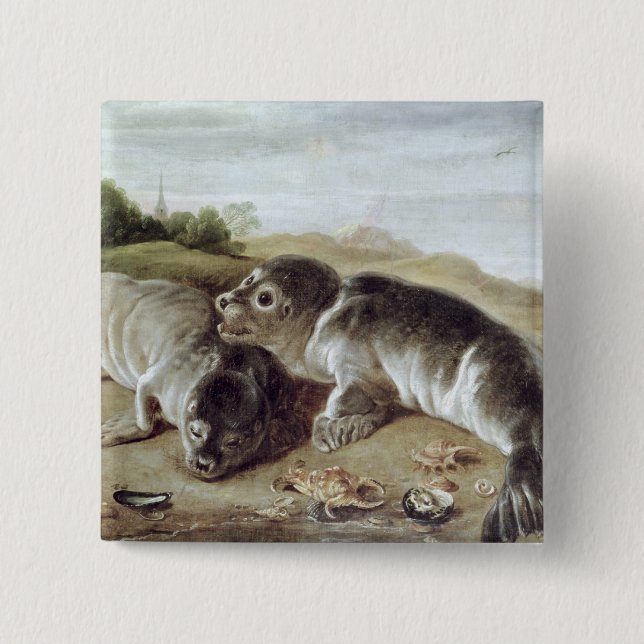 Two Young Seals on the Shore, c.1650 2 Inch Square Button (Front)