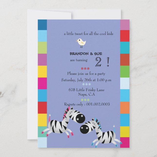 Two zebras - Purple twin birthday party invites (Front)