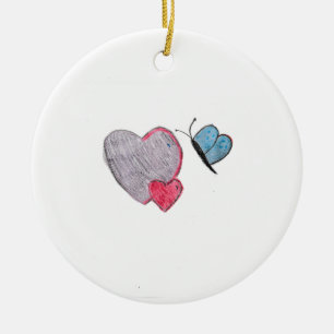 Twos Hearts with Butterfly  Ceramic Ornament