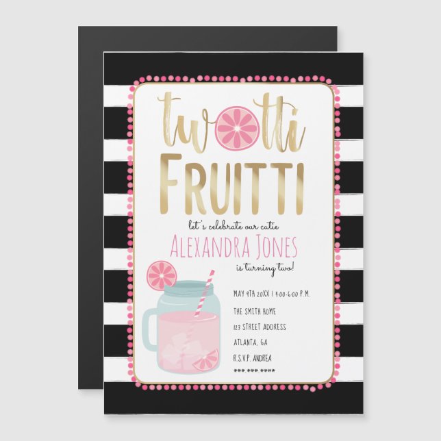 Twotti Fruitti Pink Lemon Black + White Birthday Magnetic Invitation (Front/Back)