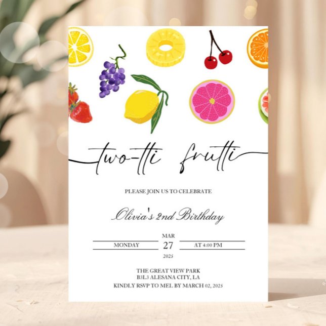 Twotti Frutti 2nd Birthday Invitation Fruit Party (Minimalist 2nd Birthday Invite TWOtti Frutti Second Birthday Invitation Two Twotti fruity Tropical S)
