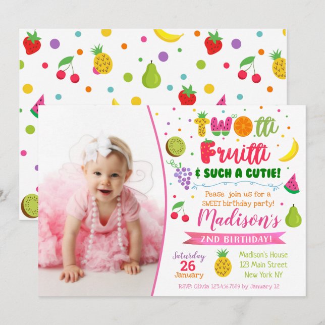 Twotti frutti 2nd birthday party invitation (Front/Back)