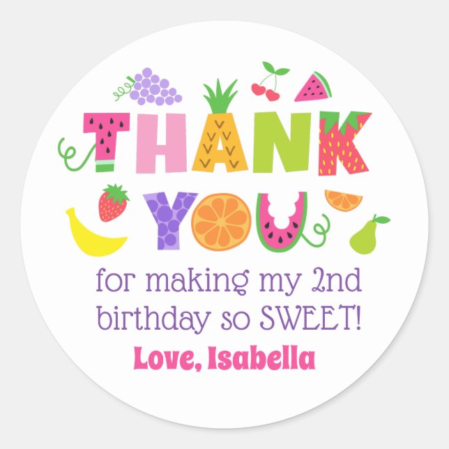TWOtti Frutti 2nd Birthday Thank You Stickers (Front)