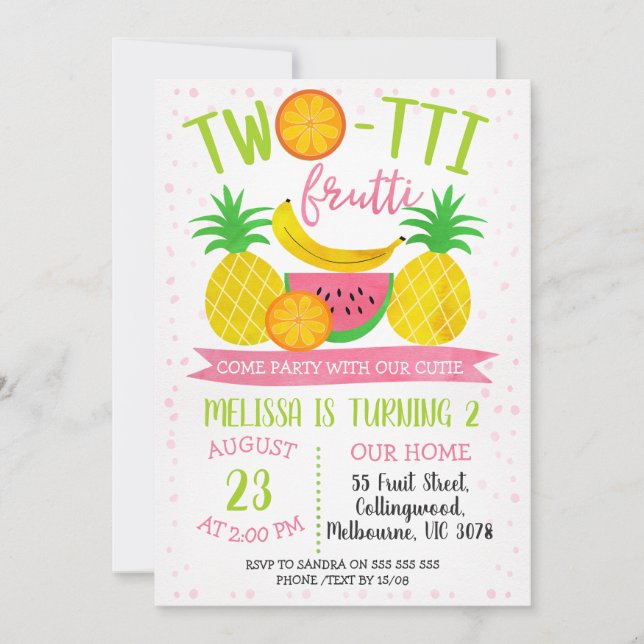 Twotti Frutti coloré 2e Invitation anniversaire (Devant)