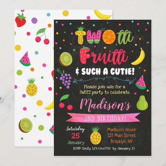 Twotti Frutti Fruits Anniversaire Invitations (Devant / Derrière)