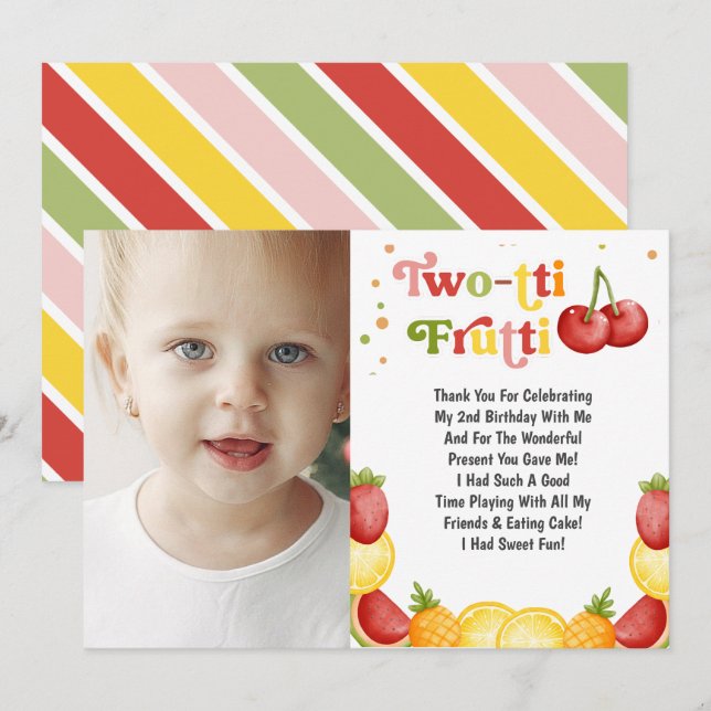 Twotti Frutti Fruity Fun Second Birthday Party Thank You Card (Front/Back)
