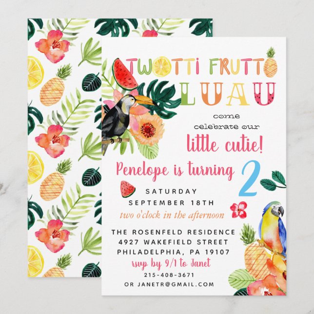 Twotti Frutti Luau Birthday Party Invitation (Front/Back)