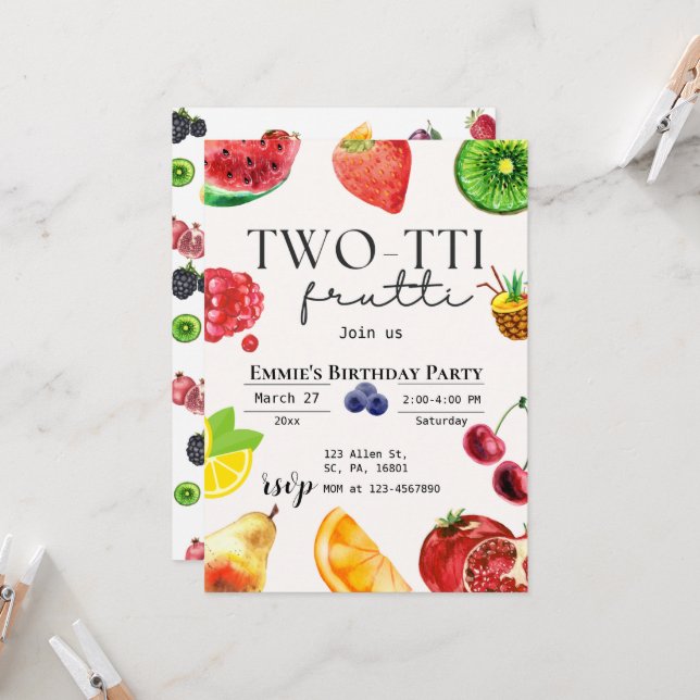 TWOtti Frutti Tropical Fruit Summer 2nd Birthday  Invitation (Front/Back In Situ)