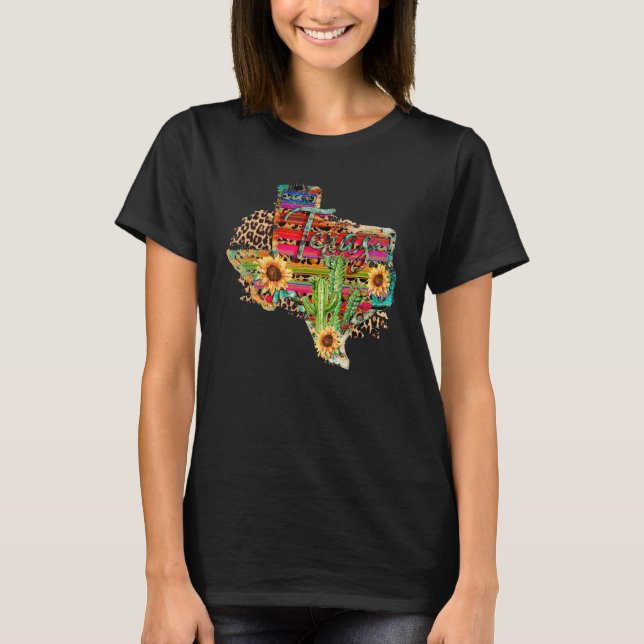 TX Map Western Aztec Leopard Sunflower Cactus Sera T-Shirt (Front)