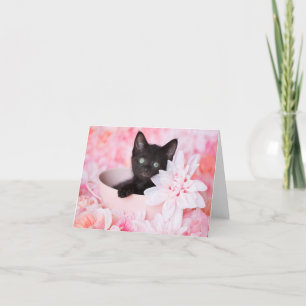 Tye Black Kitten Pink Floral blank notecard