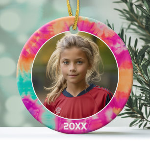 Tye Dye Border with Photo and Year - pink teal Ceramic Ornament