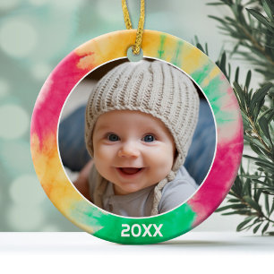 Tye Dye Border with Photo and Year - Red Green Ceramic Ornament