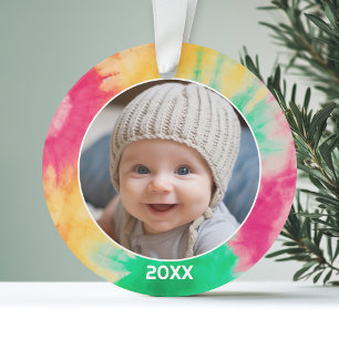 Tye Dye Border with Photo and Year - Red Green Ornament