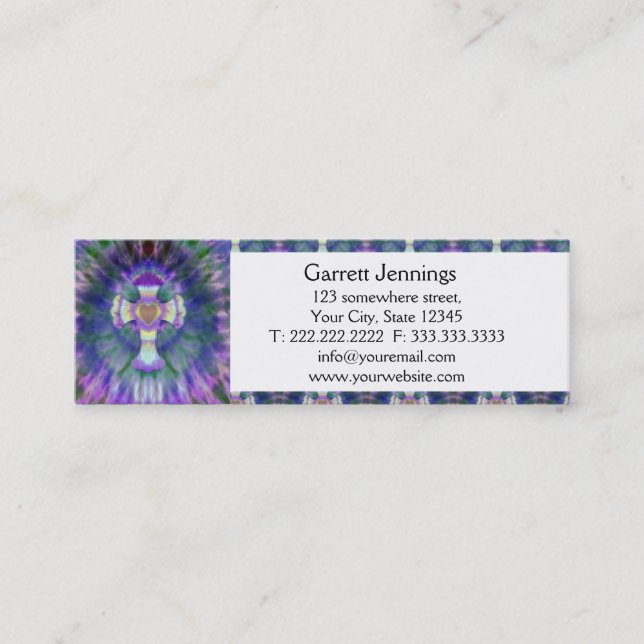 Tye Dye Cross with Heart Centre in Purple, Blue Mini Business Card (Front)