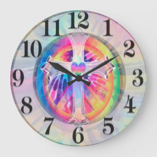 Tye Dye Cross with Heart in Centre Large Clock
