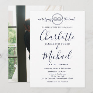 Tying Knot Navy Blue Script Photo Nautical Wedding Invitation