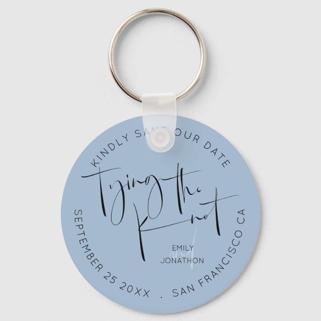 Tying The Knot Dusty Blue Keepsake Save The Date Keychain (Front)