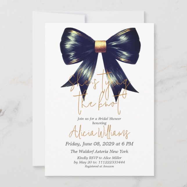 Tying the Knot Gold Black Bow Bridal Shower Invitation (Front)