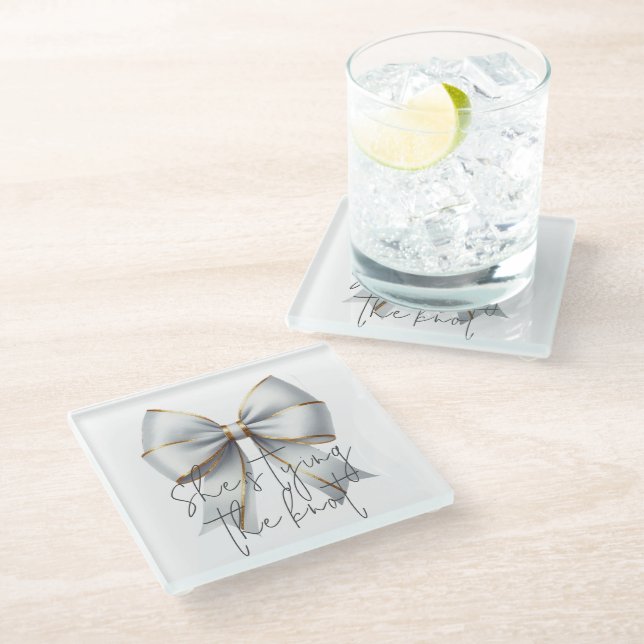 Tying the Knot Gold White Bow Bridal Shower Glass Coaster (Angled)
