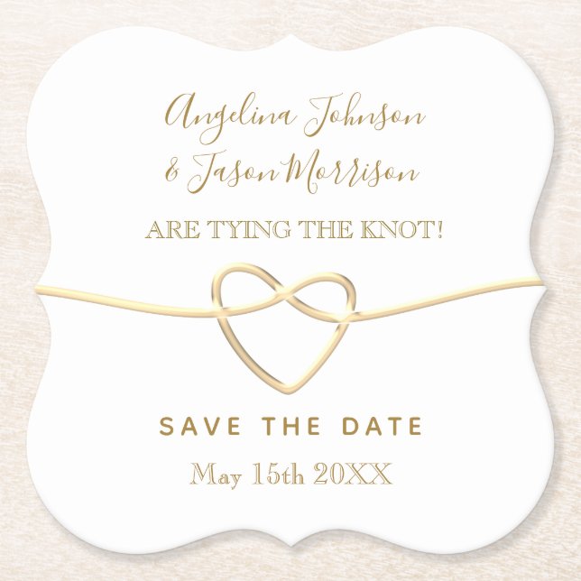 Tying The Knot Gold & White Wedding Save The Date Paper Coaster (Front)