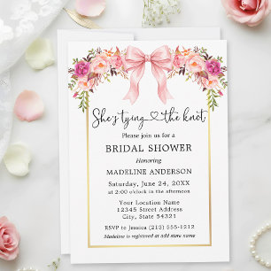 Tying the Knot Heart Pink Bow Roses Bridal Shower Invitation