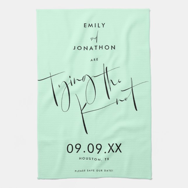 Tying the Knot Mint Green Script Save the Date Kitchen Towel (Vertical)