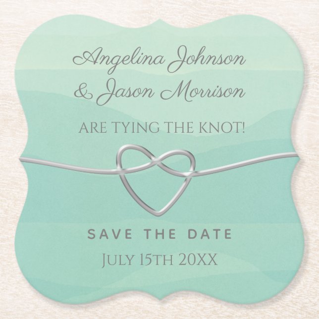 Tying The Knot Mint & Silver Wedding Save The Date Paper Coaster (Front)