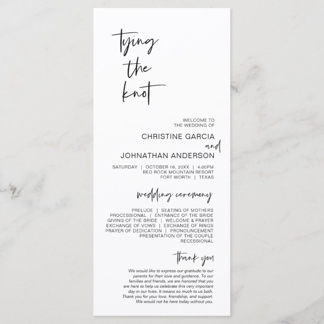 Tying the knot, Modern Minimalist Wedding Program (Front)