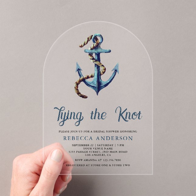 Tying the Knot Navy Blue Anchor Rope Bridal Shower Acrylic Invitations (Insitu (Handheld))