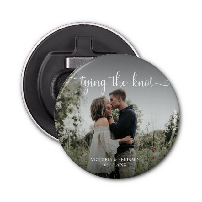 Tying the Knot Photo Overlay Modern Minimal Script Bottle Opener (Front)