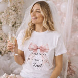 Tying the knot pink bow pearls Bachelorette T-Shirt<br><div class="desc">Elevate your bridal events with this sophisticated coquette-themed party collection. Each piece showcases a high-fidelity pink bow paired with delicate pearl accents and timeless typography. This set is perfect for the modern bride wanting a cohesive look for her bachelorette trip and bridal shower.</div>