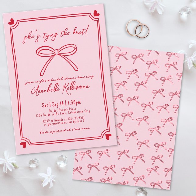 Tying The Knot Pink Hand Drawn Bow Bridal Shower Invitation (Tying The Knot Pink Hand Drawn Bow Bridal Shower Invitation )