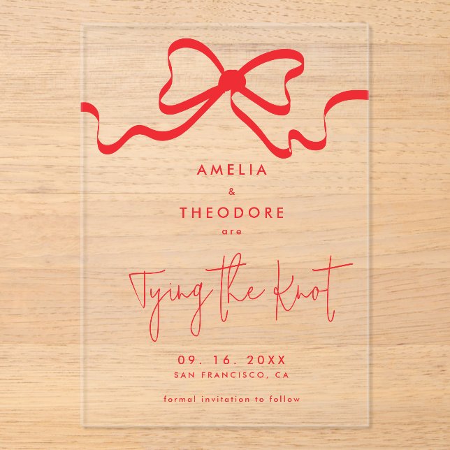 Tying the Knot Red Bow Save the Date Wedding Acrylic Invitations (Front)