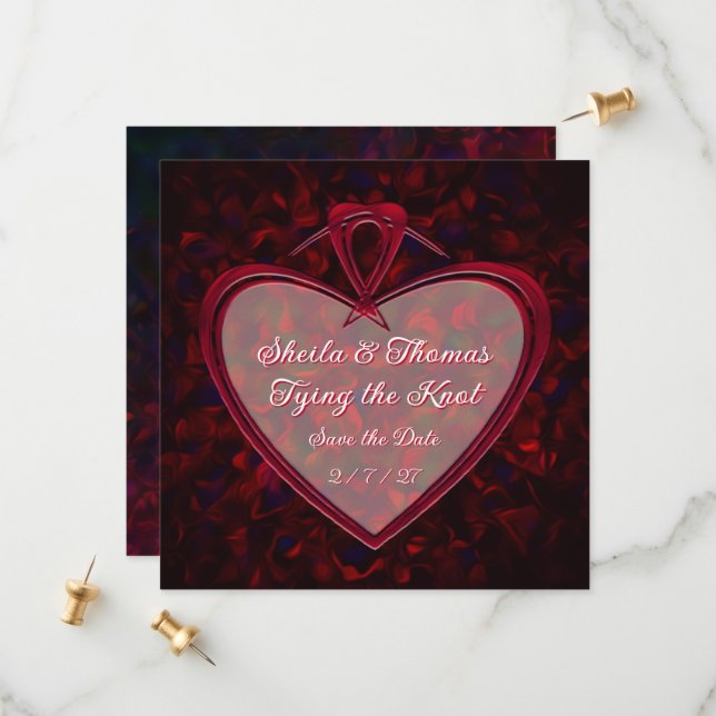 Tying the Knot Red Heart Rose Petals Save The Date (Front/Back In Situ)