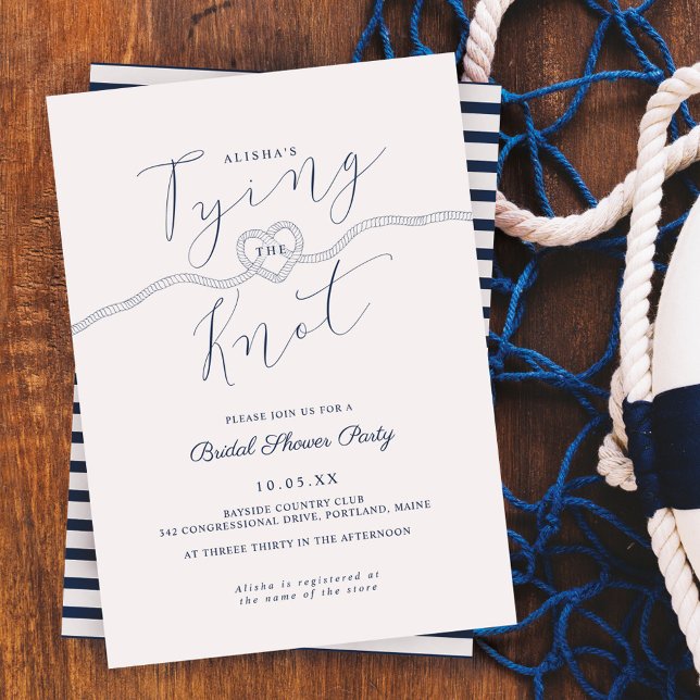 Tying The Knot Rope Heart Nautical Navy & White Invitation (Creator Uploaded)