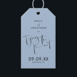 Tying the Knot Script Dusty Blue Save the Date Gift Tags<br><div class="desc">Invite your guests to save your wedding date with this elegant black typographical design with an elegant handwritten style script Tying the Knot across the middle and a dusty blue background. The word "and" in between your names is in a matching set script. The rest of the text can be...</div>