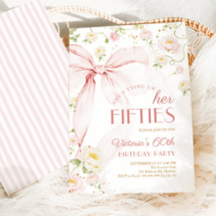 Tying Up Thirties Pink Bow Floral 60th Birthday Invitation