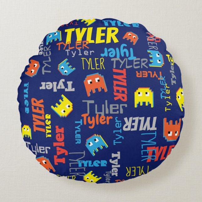 Tyler custom name pixel gaming blue graphic round pillow (Front)