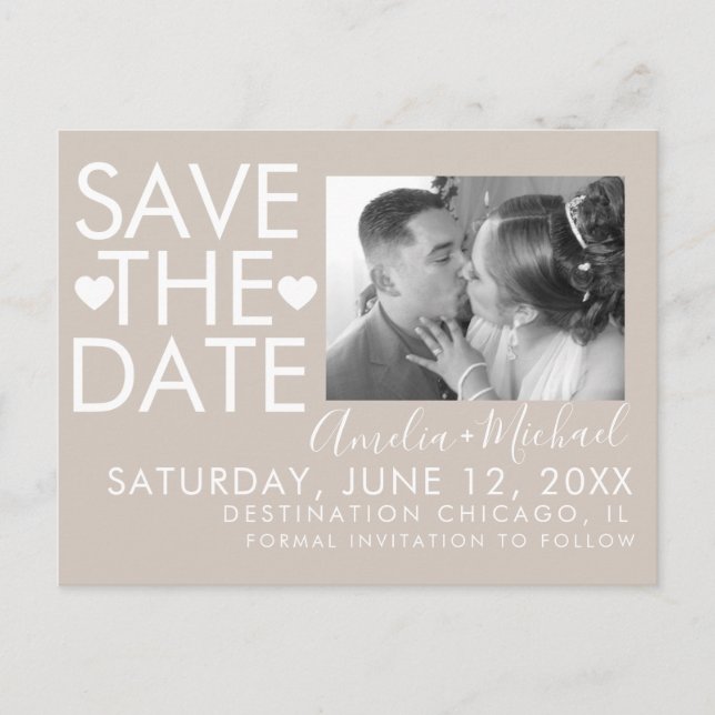 Type and Hearts Save the Date Photo Postcard (Front)